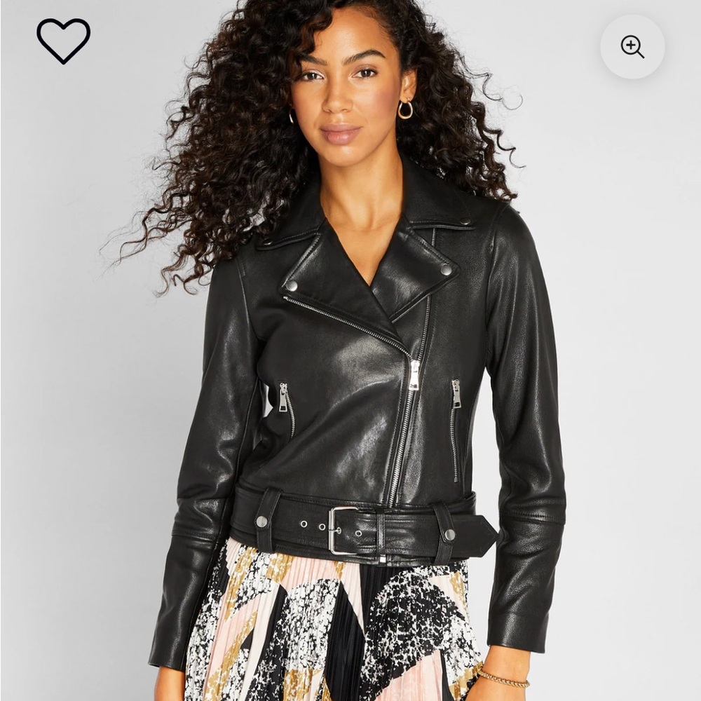 Club Monaco Black Leather Moto Jacket Asymmetrical Zipper Notched Lapels